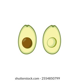 Green avocado with halves cut without seed. Hand drawn cartoon fruit illustration.