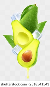 Green avocado and ice cubes with leaves in swirl motion. Composition of whole ripe avocado, half and slices of avocado fruits, 3D realistic vector illustration isolated on transparent background.