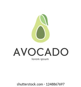 Green avocado logo template for organic vegan food shop. Healthy lifestyle icon. Vector fruit flat illustration. Avocado half with leaf. 