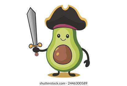 Green avocado in a pirate hat and with a sword in his hand