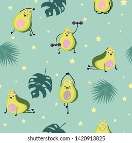 Green avocado seamless pattern with leaf and star.Avocado exercise vector illustration for background,wallpaper,frabic