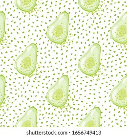 Green avocado seamless pattern on dots background. Vegetarian healthy food backdrop. Design for fabric, textile print, wrapping paper, kitchen textiles. Modern vector illustration