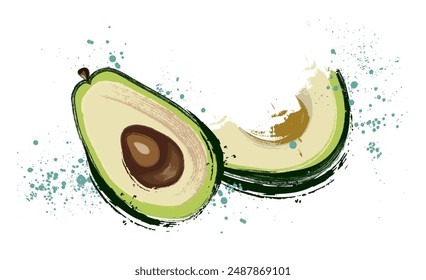 Green avocado sliced ​​and whole avocado, vector image.