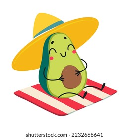 Aguacate verde como personaje de fruta de verano en el baño de sol en la playa disfrutando de vacaciones y teniendo una ilustración vectorial divertida