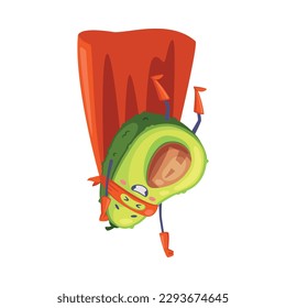 Green Avocado Superhero Character Flying Wearing Red Cloak or Cape and Mask as Justice Fighter Vector Illustration