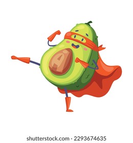 Green Avocado Superhero Charakter Kicking Tragen Red Cloak oder Cape and Mask als Justiz Fighter Vektor Illustration