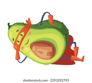 Green Avocado Superhero Character Lying Wearing Red Cloak or Cape and Mask as Justice Fighter Vector Illustration
