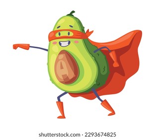 Green Avocado Superhero Character in Red Cloak with Outsretched Arm Rushing to Rescue as Justice Fighter Vector Illustration