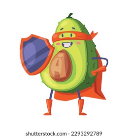 Green Avocado Superhero Character Standing with Shield Wearing Red Cloak or Cape and Mask as Justice Fighter Vector Illustration