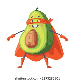 Green Avocado Superhero Character Standing Wearing Red Cloak or Cape and Mask as Justice Fighter Vector Illustration