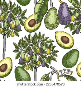Green avocado tree seamless pattern. Decorative fruit branches, flowers, a whole avocado, cut half-piece illustrations in colors. Healthy food design. Vector plant background for prints and packaging