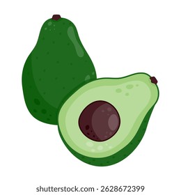 Green avocado, whole and cut in half. A healthy natural fruit. Vector illustration is isolated on a white background.