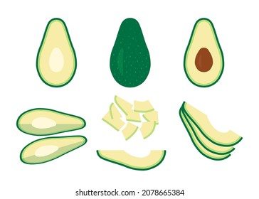 Green avocado whole, cut and slice. Cooking process. Set fruit avocado. Vector illustration