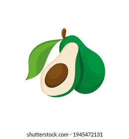 Vocado verde. Aguacate en su totalidad y en la sección. Sobre un fondo blanco. Ilustración vectorial al estilo de las caricaturas. Diseñar, imprimir, imprimir.