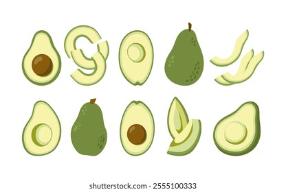 Green avocado whole and halves vector collection. Hand drawn cartoon fruit illustration.