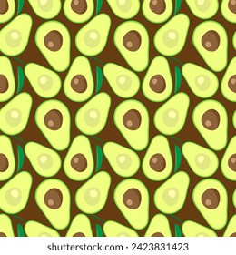 Green avocados with leaves on a dark brown background. Floral seamless pattern, print, vector illustration