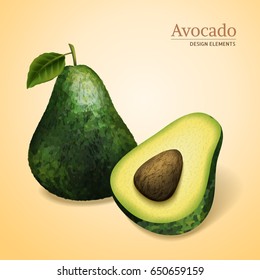 green avocados, one sliced and has a seed, light yellow background 3d illustration 