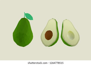 Green Avocados. Set of Whole and Half Avocado on Light Background. Low Poly Vector 3D Rendering