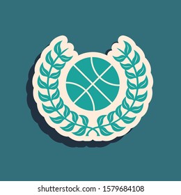 Green Award with basketball ball icon isolated on blue background. Laurel wreath. Winner trophy. Championship or competition trophy. Long shadow style. Vector Illustration