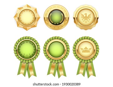 Green award rosettes with gold heraldic medal templates, prize or trophy, vector