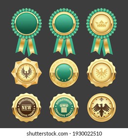Green award rosettes and gold medals, prize insignia and blazons, vector