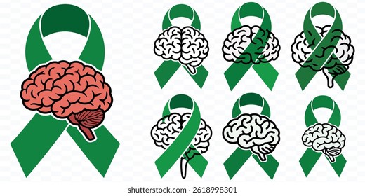 Green Awareness Ribbon with Brain Icons for Support and Awareness