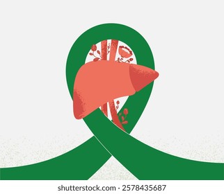 green awareness Ribbon with healthy human Liver like a symbol of world liver cancer Month october. Medical, health care and prevention concept hepatic deseases. Vector illustration