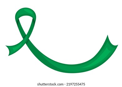 Green awareness ribbon on white background. Ovarian cancer awareness Month symbol.