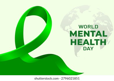 Green Awareness Ribbon and World Map for World Mental Health Day Awareness Campaign Banner Vector