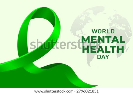 Green Awareness Ribbon and World Map for World Mental Health Day Awareness Campaign Banner Vector