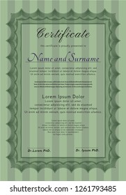Green Awesome Certificate template. With background. Excellent design. Vector illustration. 