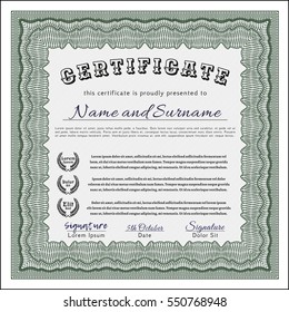 Green Awesome Certificate template. Beauty design. With great quality guilloche pattern. Detailed. 