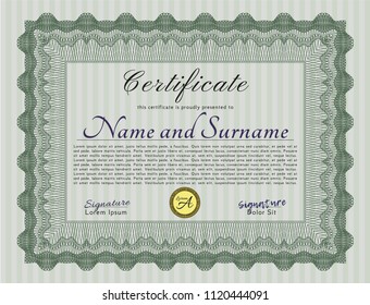 Green Awesome Certificate template. With complex background. Vector illustration. Nice design. 