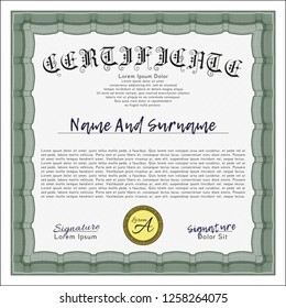 Green Awesome Certificate template. With complex linear background. Vector illustration. Sophisticated design. 