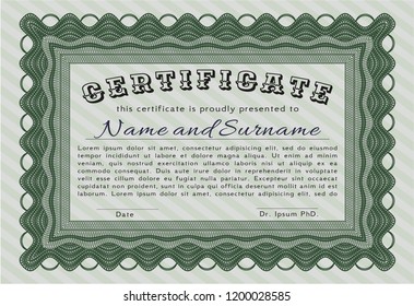 Green Awesome Certificate template. Excellent design. Vector illustration. With great quality guilloche pattern. 