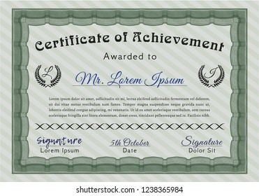 Green Awesome Certificate template. With great quality guilloche pattern. Vector illustration. Nice design. 