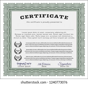 Green Awesome Certificate template. With great quality guilloche pattern. Money design. Detailed. 