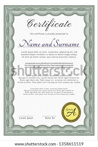 Green Awesome Certificate template. With great quality guilloche pattern. Detailed. Nice design. 