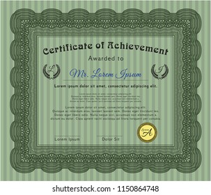 Green Awesome Certificate template. With guilloche pattern and background. Vector illustration. Nice design. 