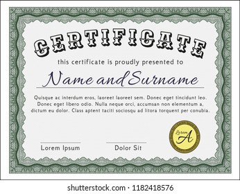 Green Awesome Certificate template. With guilloche pattern and background. Elegant design. Customizable, Easy to edit and change colors. 