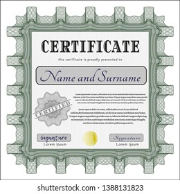 Green Awesome Certificate template. With guilloche pattern. Vector illustration. Cordial design. 