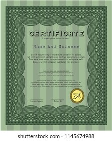 Green Awesome Certificate template. Lovely design. With guilloche pattern. Vector illustration. 