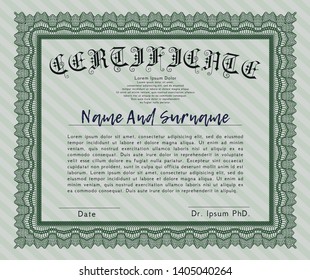 Green Awesome Certificate template. Modern design. With great quality guilloche pattern. Customizable, Easy to edit and change colors. 