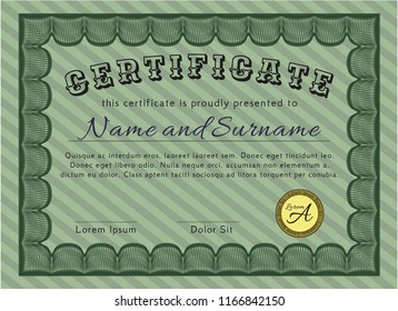 Green Awesome Certificate template. Money style design. Vector illustration. With background. 