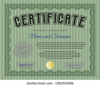 Green Awesome Certificate template. Nice design. With great quality guilloche pattern. Vector illustration. 