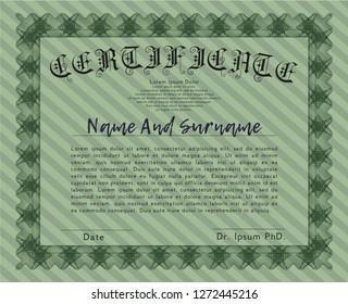 Green Awesome Certificate template. Sophisticated design. Detailed. With complex background. 