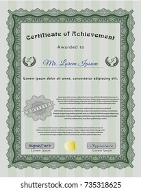 Green Awesome Certificate template. Superior design. With guilloche pattern. Vector illustration. 