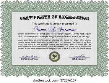 Plantilla de certificado impactante verdePatrón de dinero. Premio. Con un patrón de guilloche de gran calidad. 
