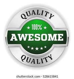 Green awesome quality badge / button with gold border on white background