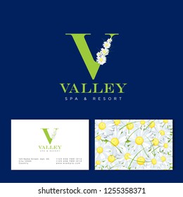 Green B letter with white chamomile. V monogram. Emblem for Spa, Cosmetic. Identity. Business Card and Seamless Pattern.